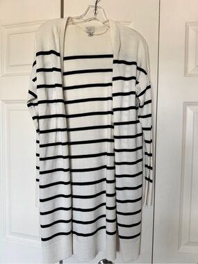 A New Day White and Black Striped Open-Front Women's Cardigan Duster